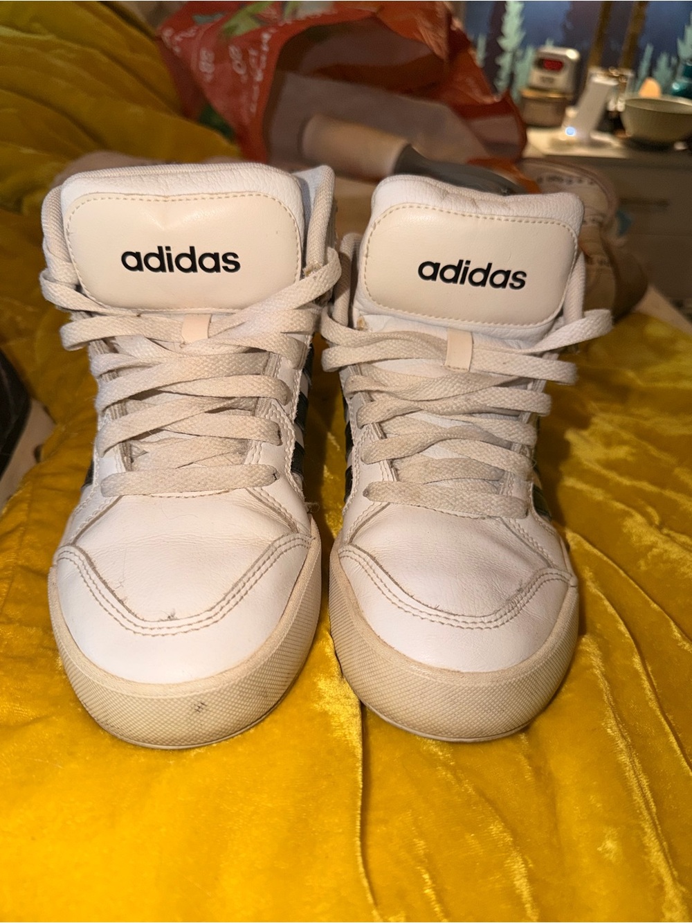 Adidas White High-Top Sneakers with Black Logo, old school